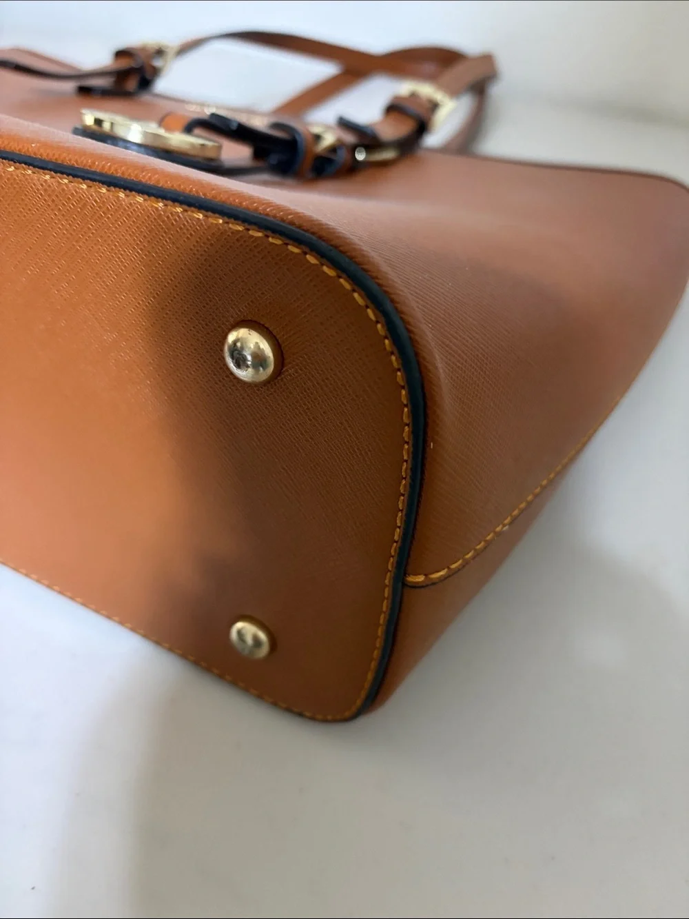 Fashion Tote Bag with Double Shoulder Strap and buckle accents Cognac